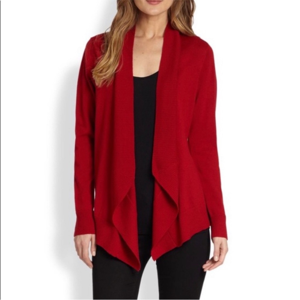 Eileen Fisher Merino Wool Angle Front Cardigan XS Cherry Red Waterfall Wrap